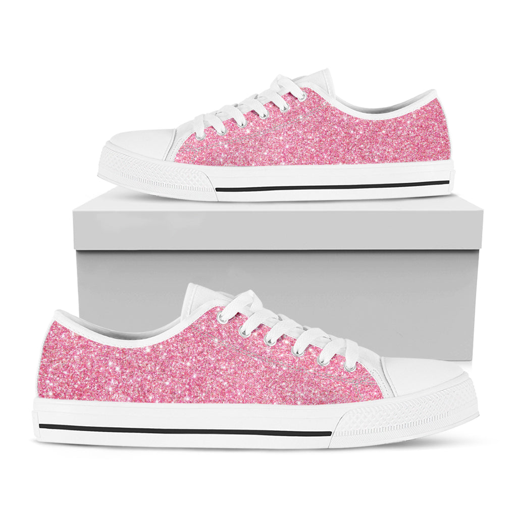 Pink (NOT Real) Glitter Print White Low Top Sneakers