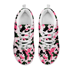 Pink Green And Black Camouflage Print White Running Shoes