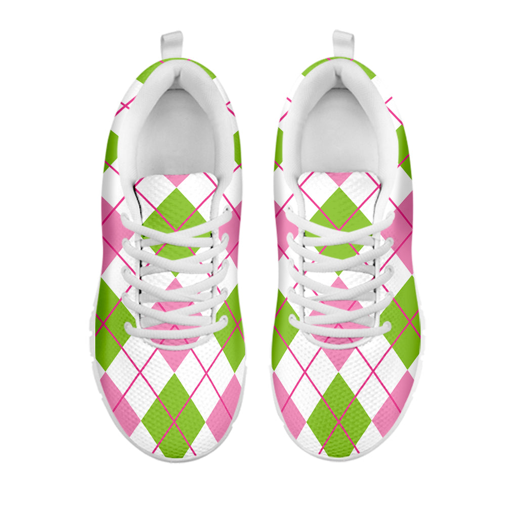 Pink Green And White Argyle Print White Running Shoes