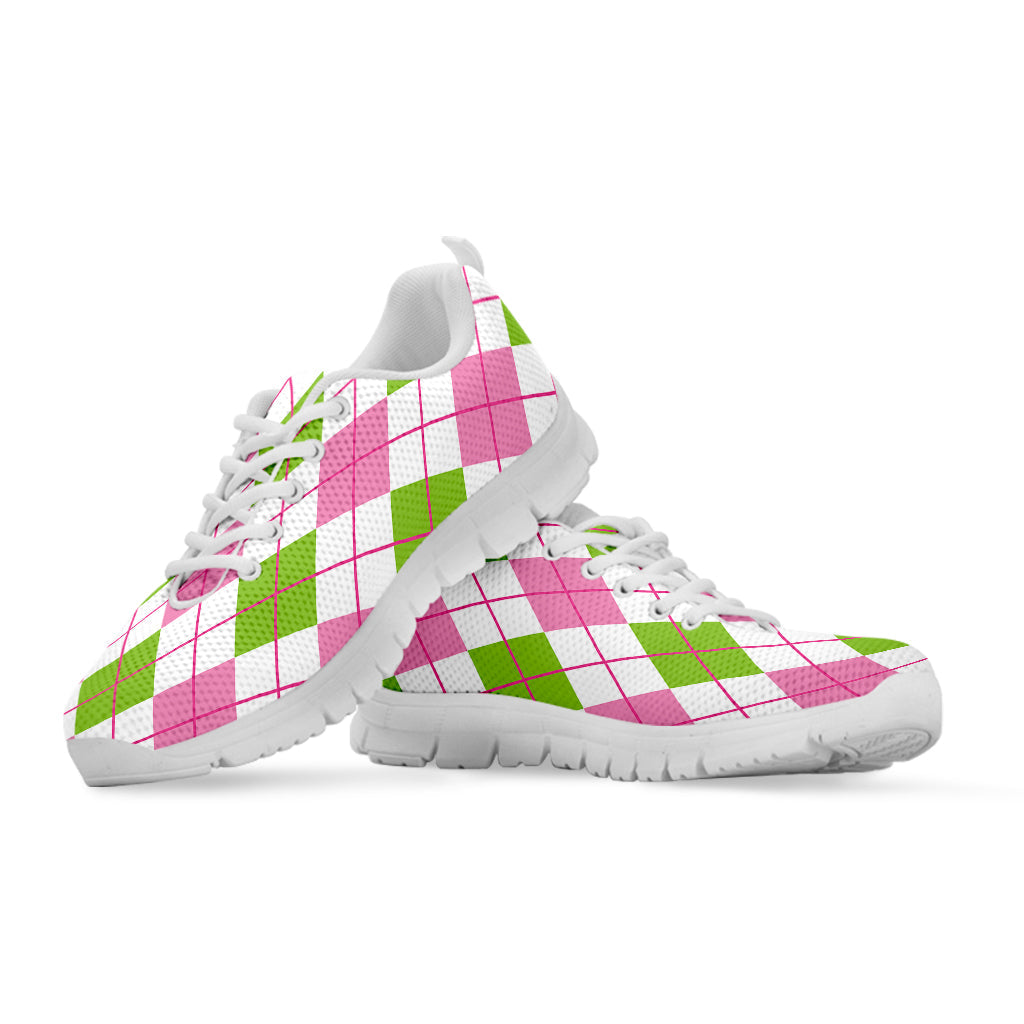 Pink Green And White Argyle Print White Running Shoes