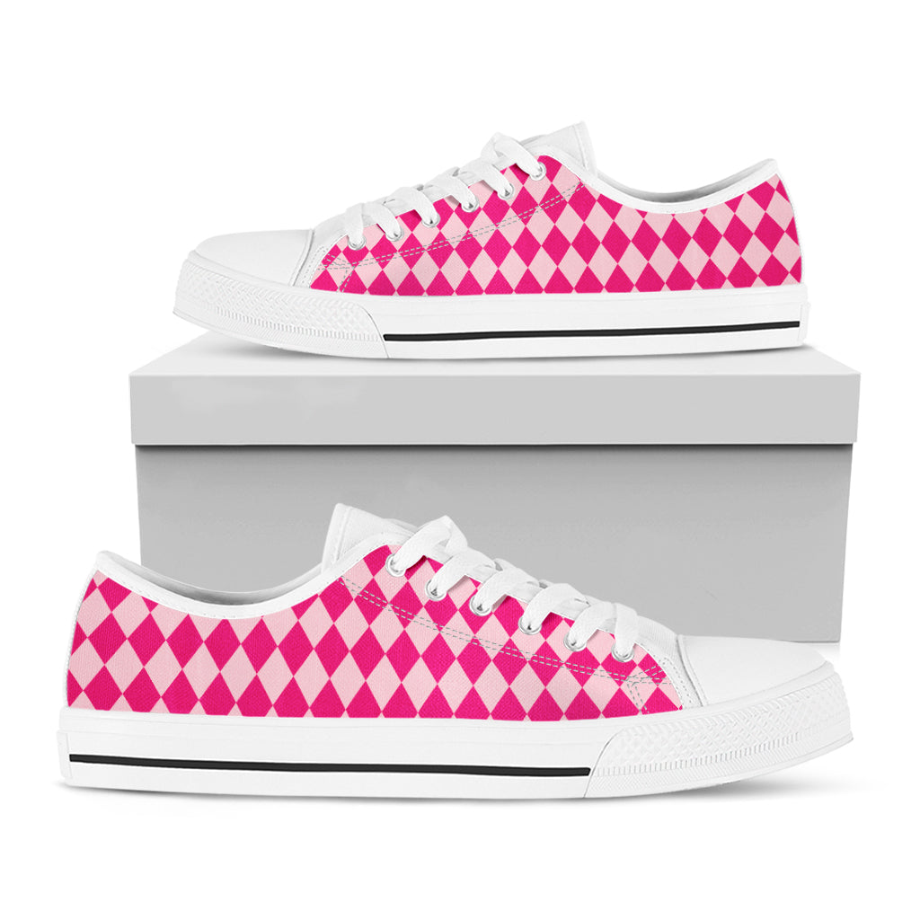 Pink Harlequin Pattern Print White Low Top Sneakers