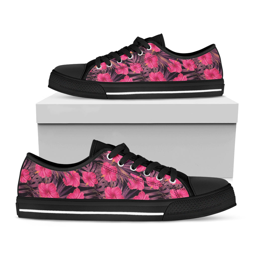 Pink Hawaiian Hibiscus Pattern Print Black Low Top Sneakers