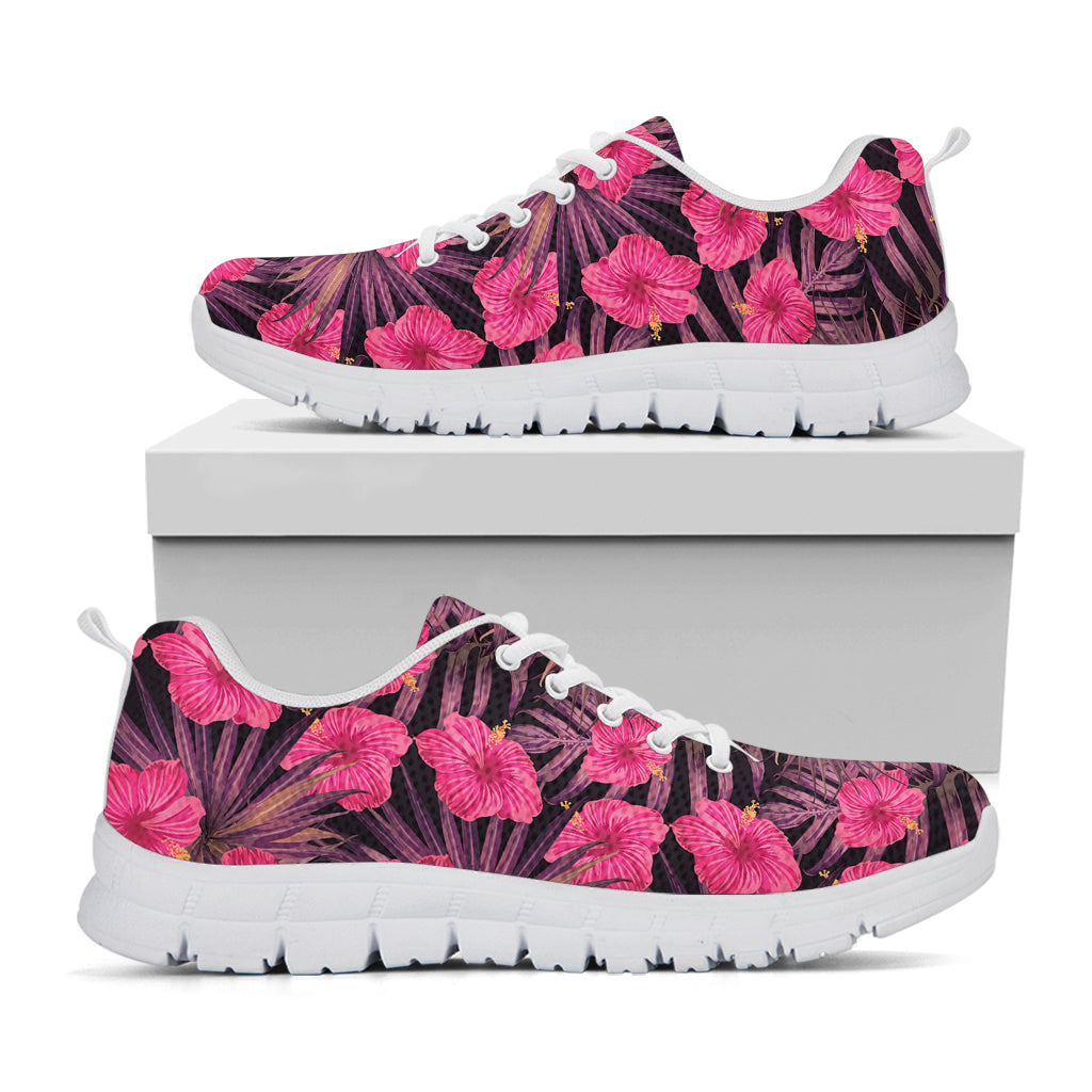 Pink Hawaiian Hibiscus Pattern Print White Running Shoes