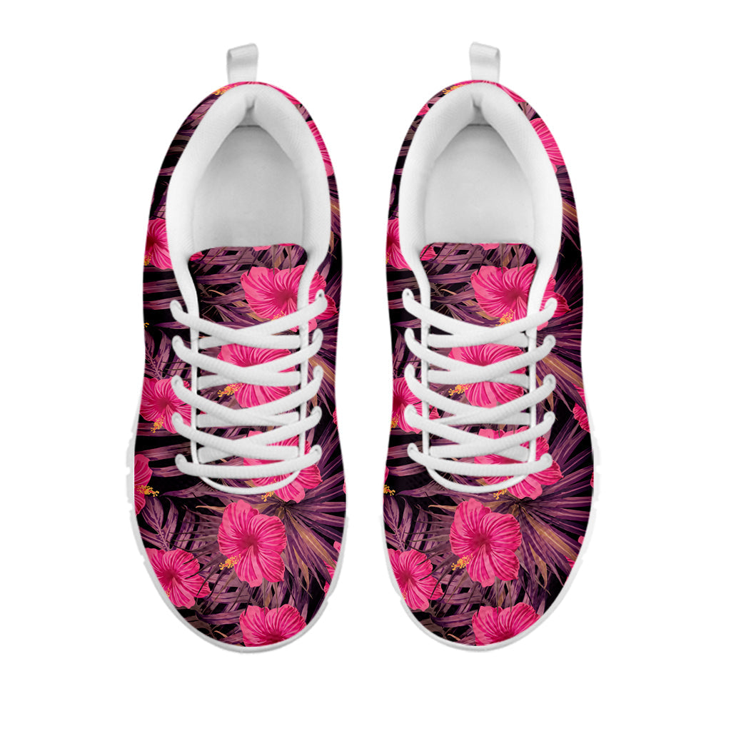 Pink Hawaiian Hibiscus Pattern Print White Running Shoes