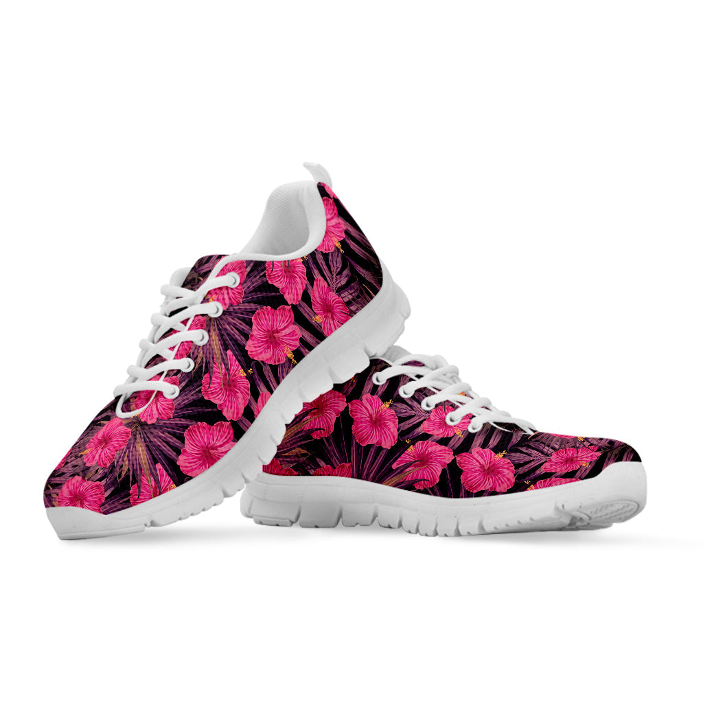 Pink Hawaiian Hibiscus Pattern Print White Running Shoes