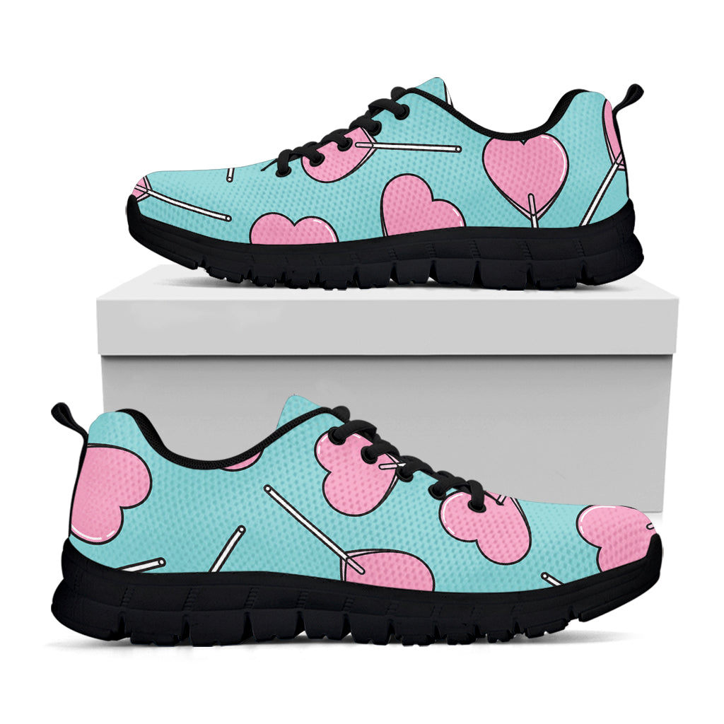 Pink Heart Lollipop Pattern Print Black Running Shoes