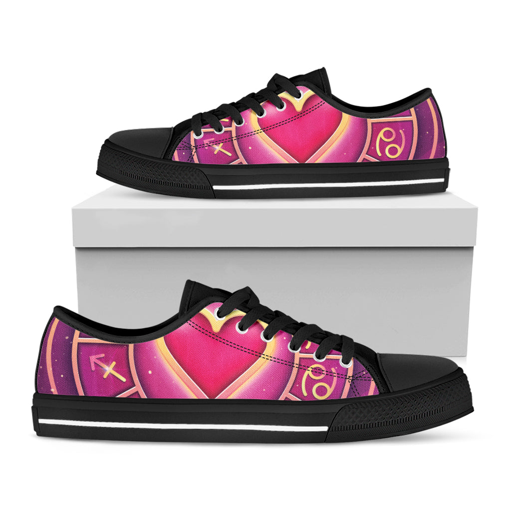 Pink Heart Zodiac Wheel Print Black Low Top Sneakers
