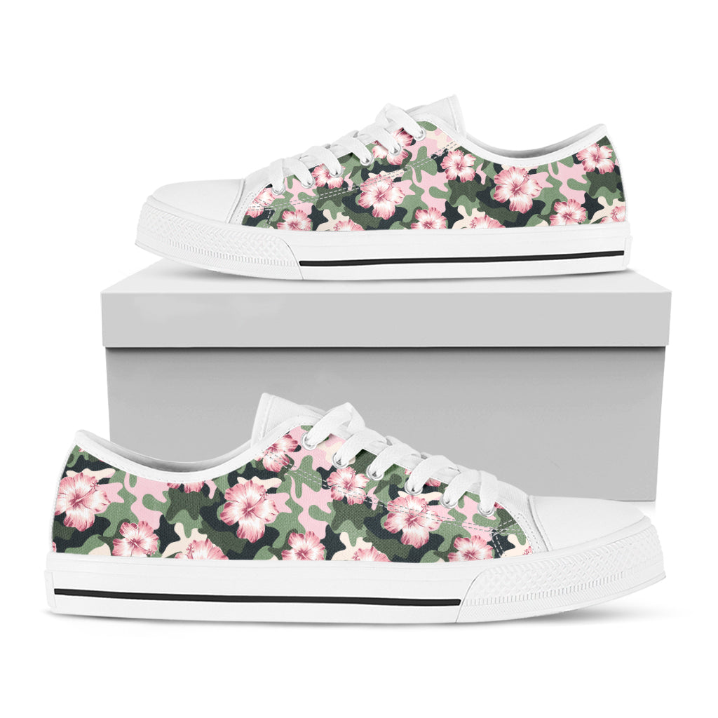 Pink Hibiscus Flower Camouflage Print White Low Top Sneakers