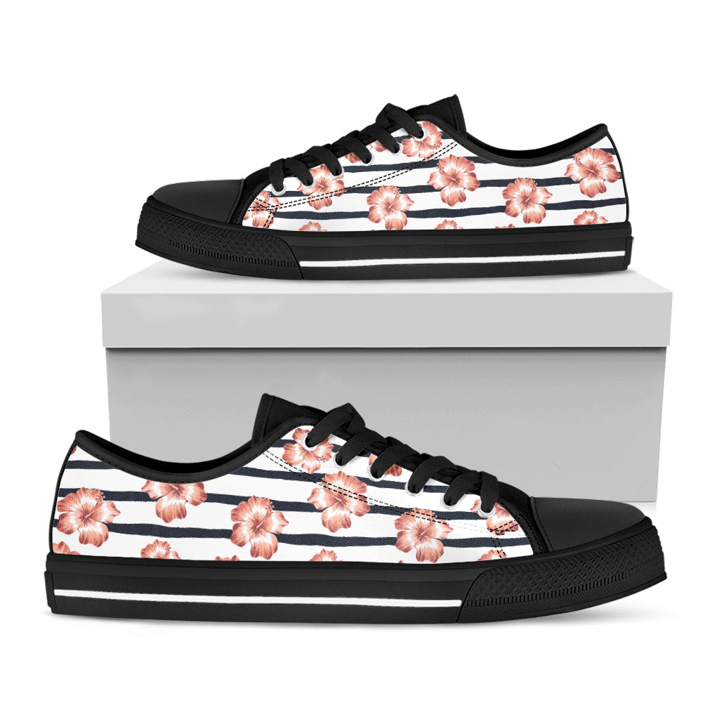 Pink Hibiscus Striped Pattern Print Black Low Top Sneakers