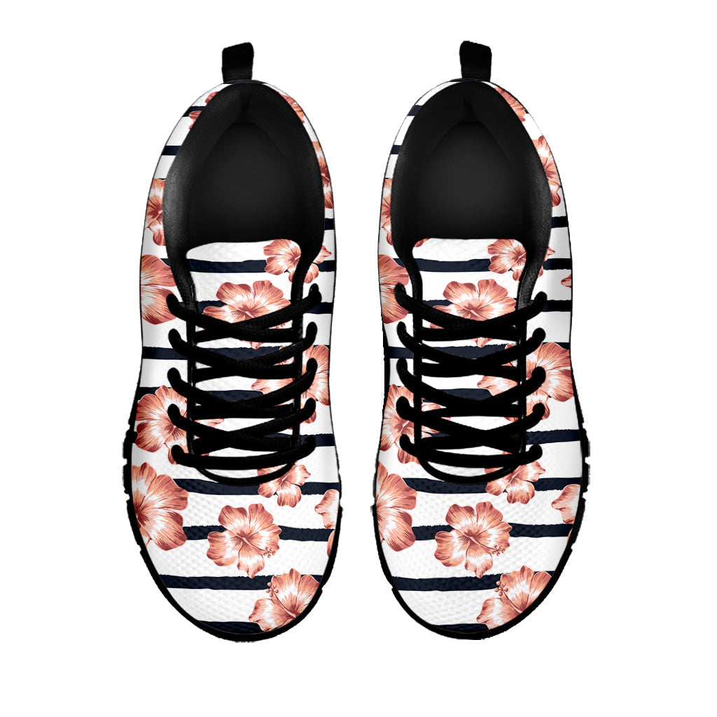 Pink Hibiscus Striped Pattern Print Black Running Shoes