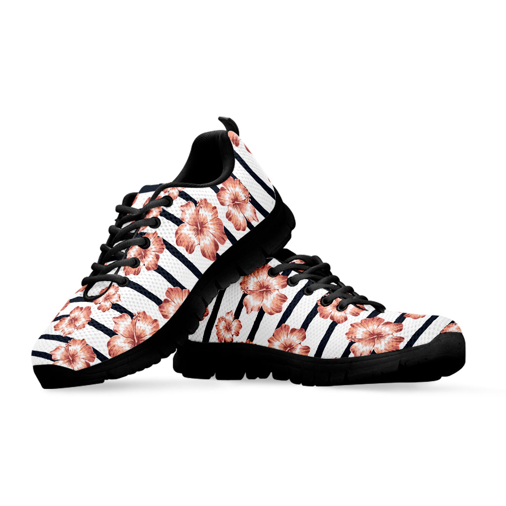 Pink Hibiscus Striped Pattern Print Black Running Shoes