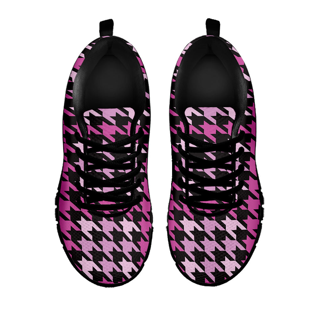 Pink Houndstooth Pattern Print Black Running Shoes