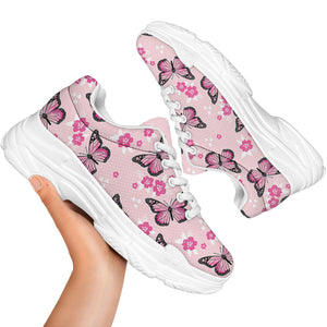 Pink Monarch Butterfly Pattern Print White Chunky Shoes