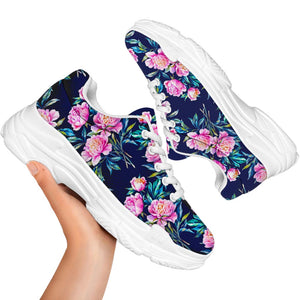 Pink Peony Floral Flower Pattern Print White Chunky Shoes