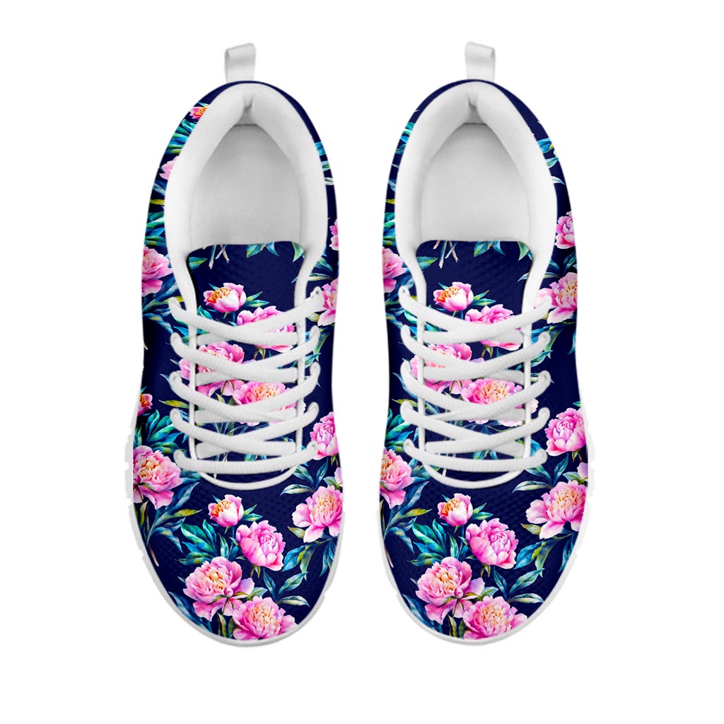 Pink Peony Floral Flower Pattern Print White Running Shoes