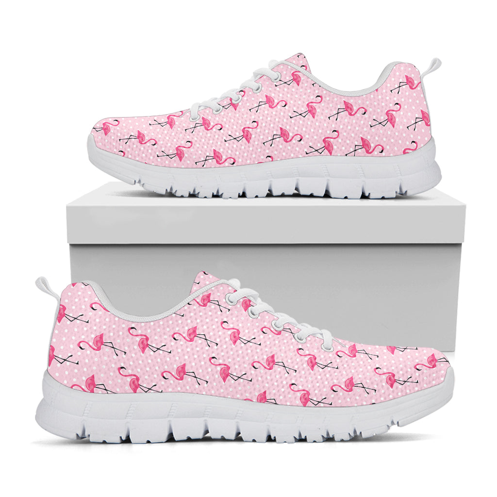 Pink Polka Dot Flamingo Pattern Print White Running Shoes