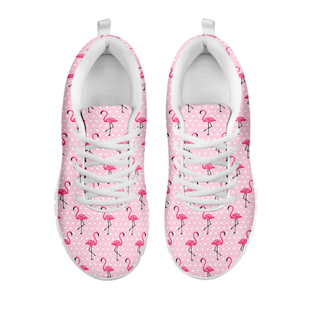 Pink Polka Dot Flamingo Pattern Print White Running Shoes