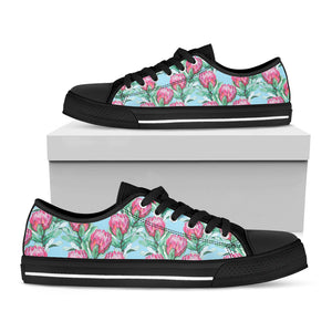 Pink Protea Pattern Print Black Low Top Sneakers
