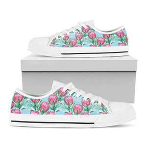 Pink Protea Pattern Print White Low Top Sneakers