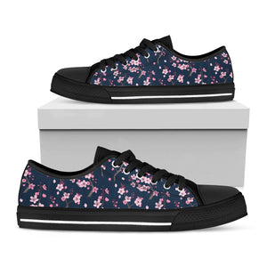Pink Sakura Cherry Blossom Pattern Print Black Low Top Sneakers
