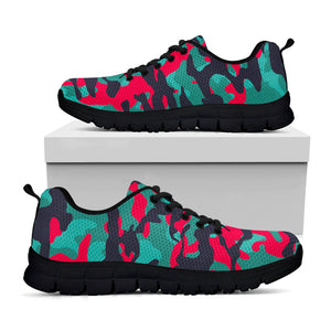 Pink Teal And Black Camouflage Print Black Running Shoes
