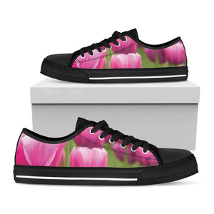 Pink Tulip Print Black Low Top Sneakers