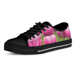 Pink Tulip Print Black Low Top Sneakers