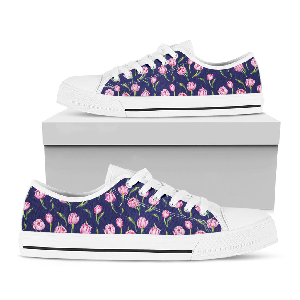Pink Watercolor Tulip Flower Print White Low Top Sneakers