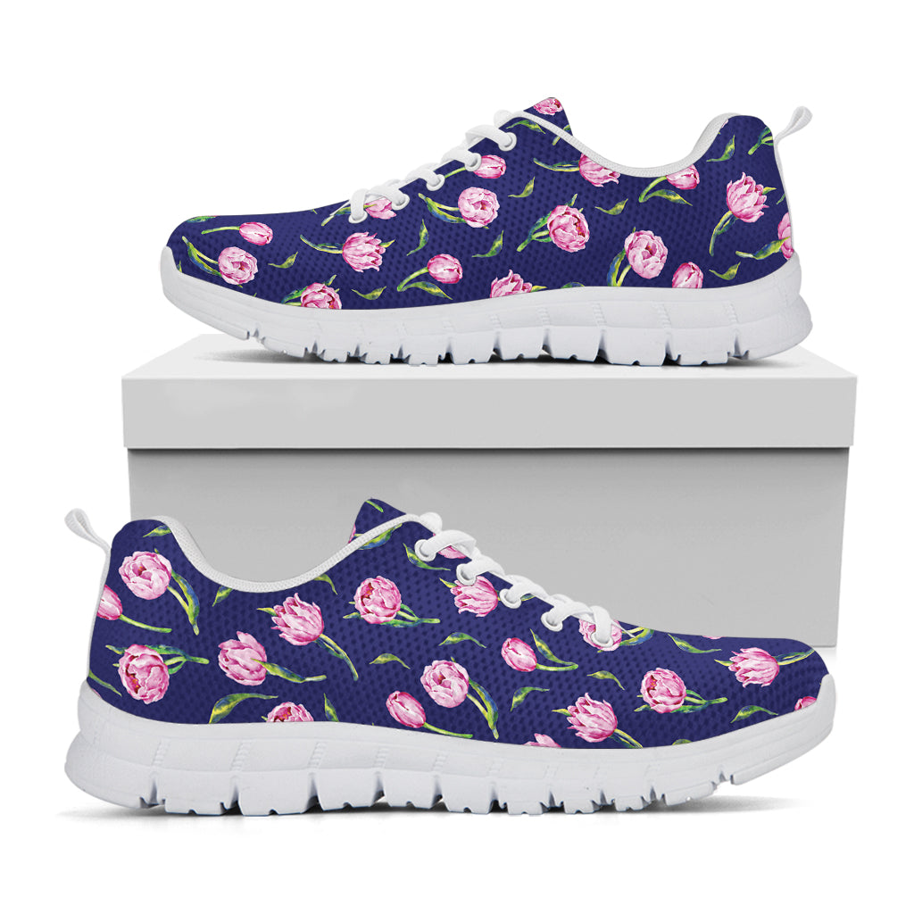 Pink Watercolor Tulip Flower Print White Running Shoes
