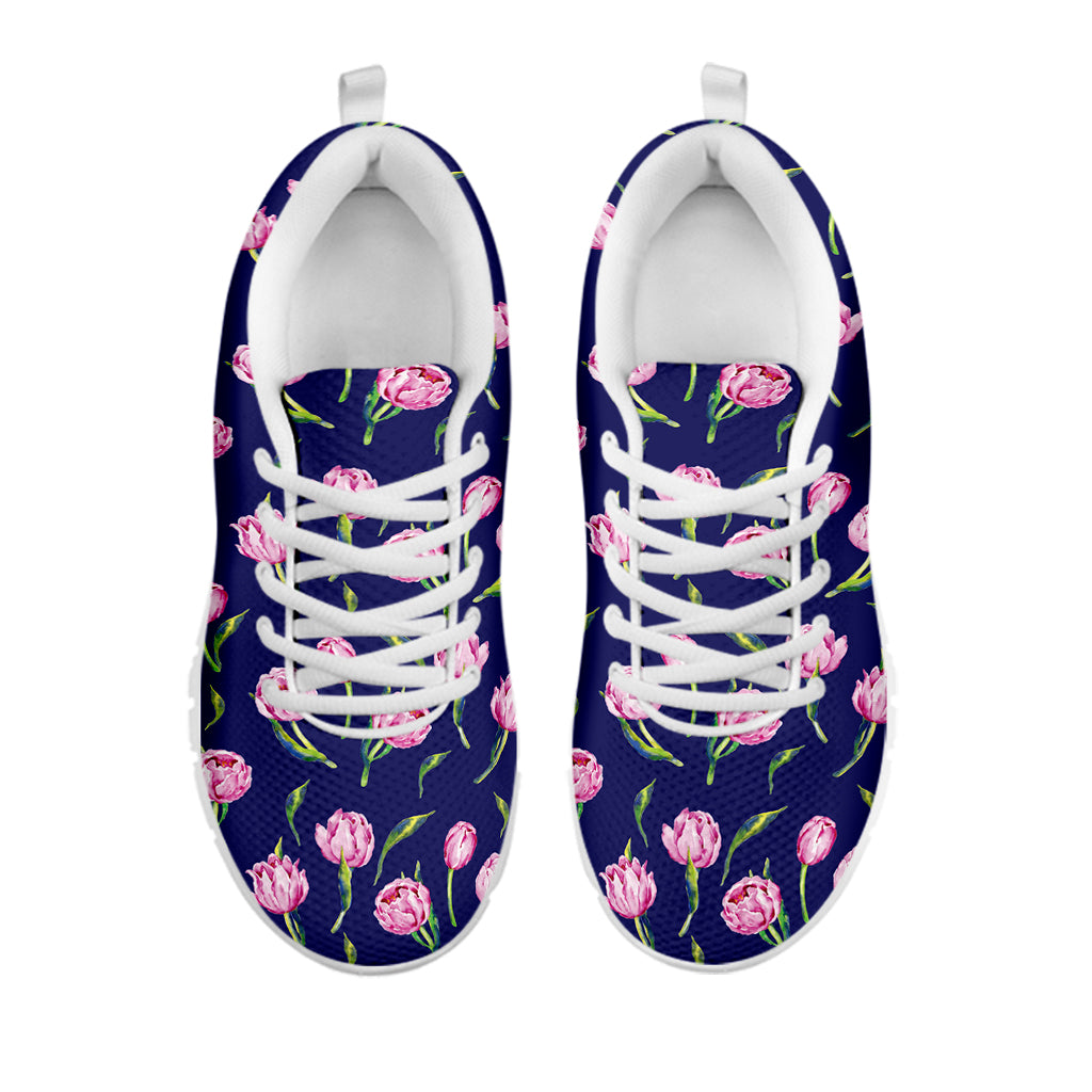 Pink Watercolor Tulip Flower Print White Running Shoes