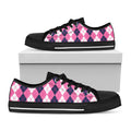 Pink White And Blue Argyle Pattern Print Black Low Top Sneakers