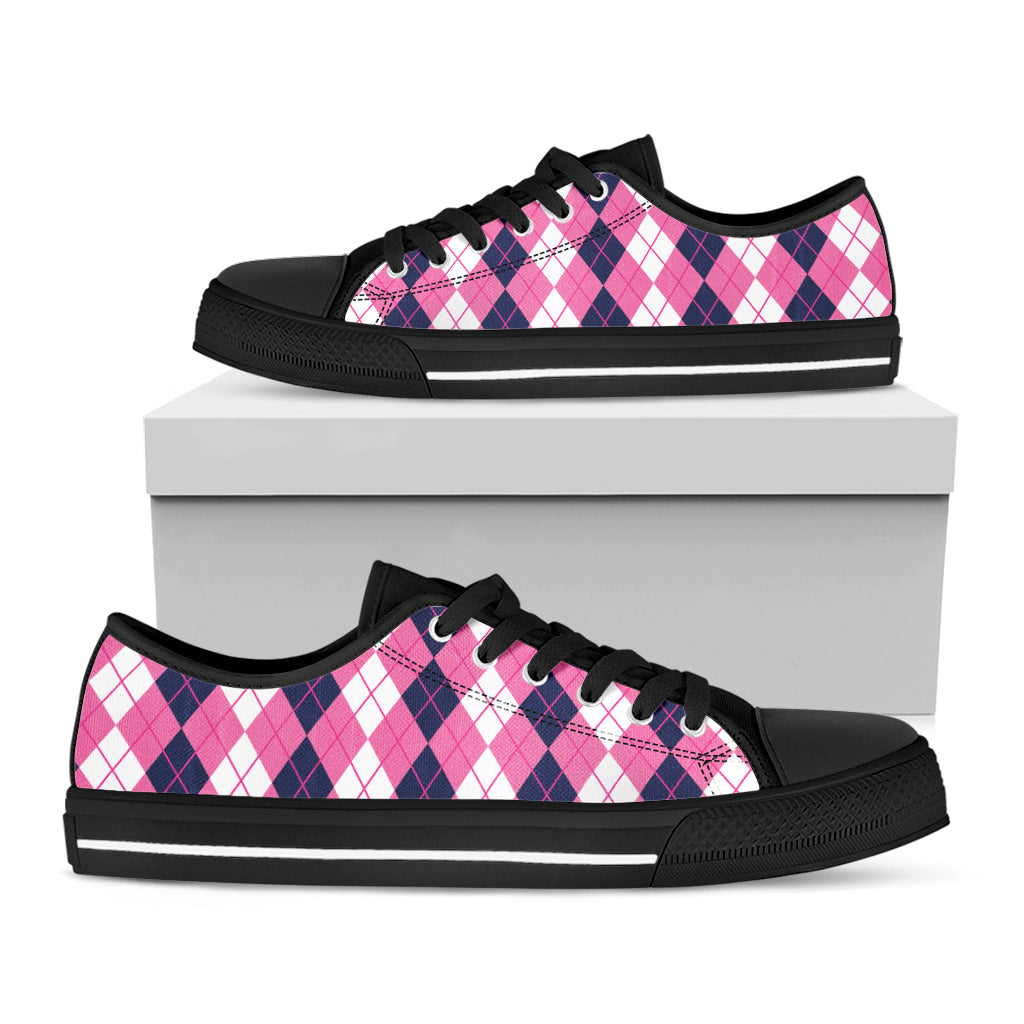 Pink White And Blue Argyle Pattern Print Black Low Top Sneakers