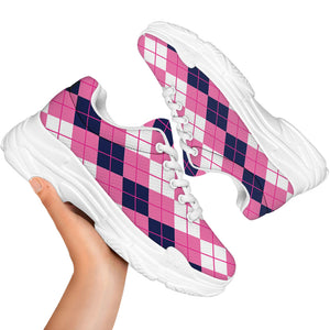 Pink White And Blue Argyle Pattern Print White Chunky Shoes