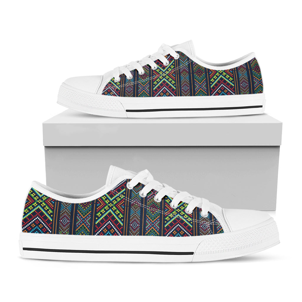 Pixel Ethnic Pattern Print White Low Top Sneakers