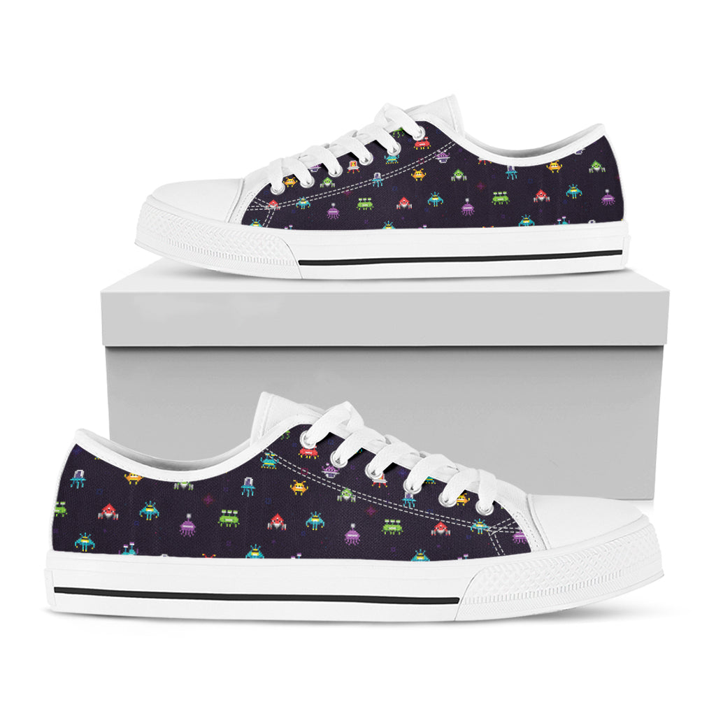 Pixel UFO Aliens Pattern Print White Low Top Sneakers
