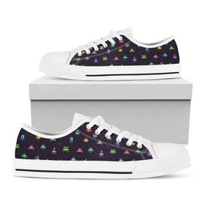 Pixel UFO Aliens Pattern Print White Low Top Sneakers