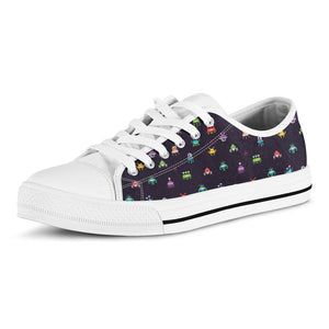 Pixel UFO Aliens Pattern Print White Low Top Sneakers