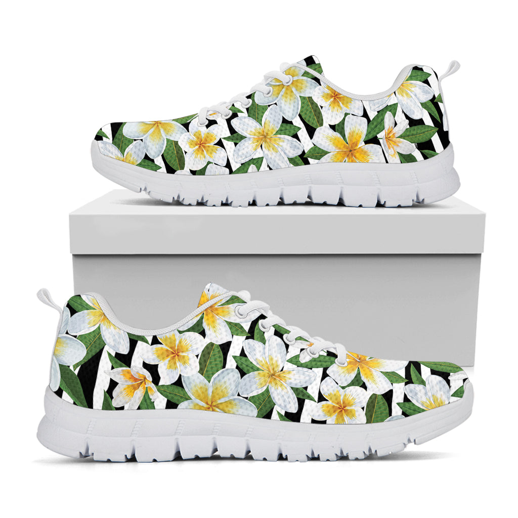 Plumeria Flower Striped Pattern Print White Running Shoes