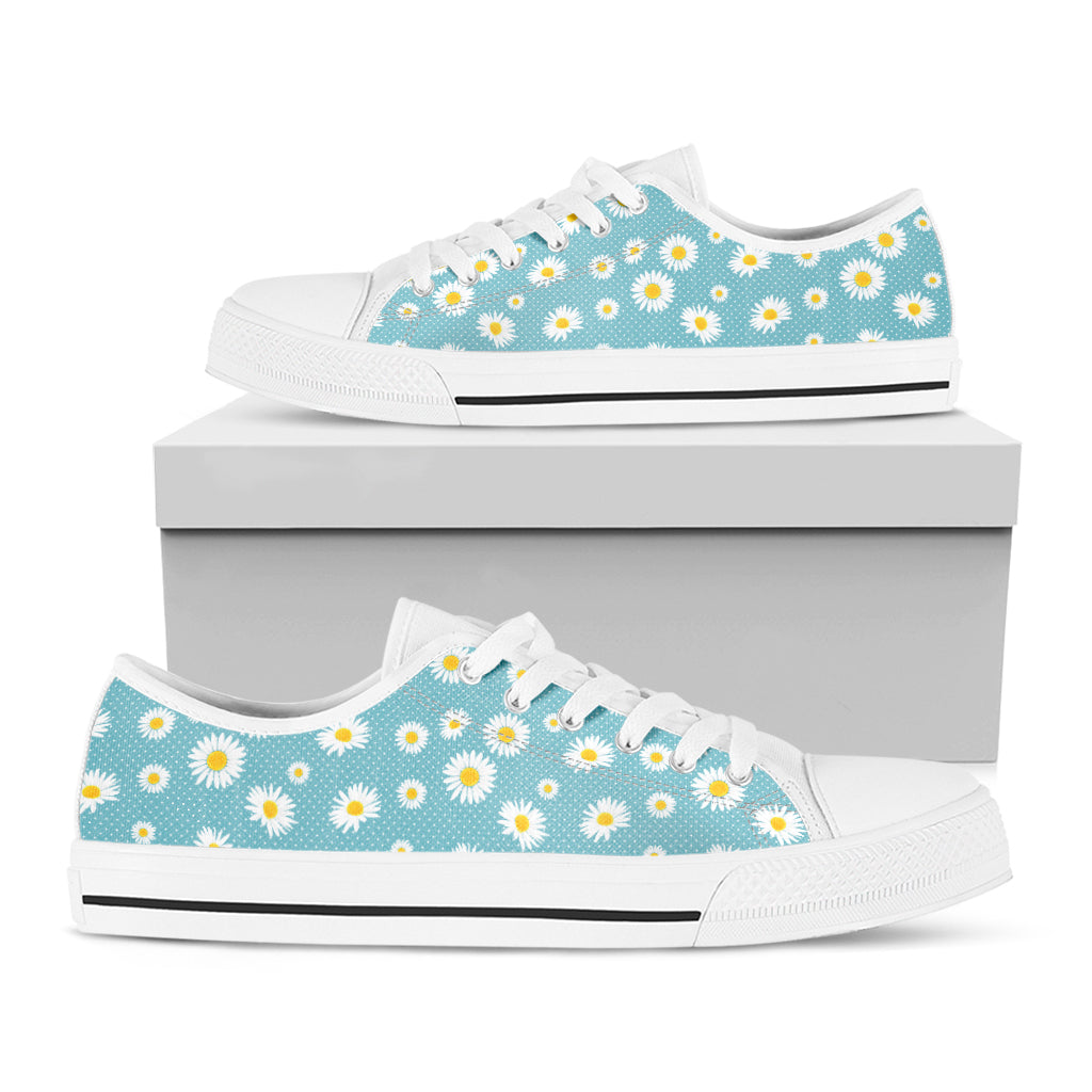 Polka Dot Daisy Flower Pattern Print White Low Top Sneakers