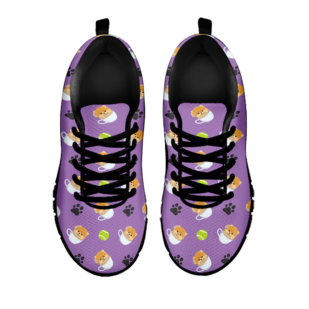 Pomeranian In Tea Cup Pattern Print Black Running Shoes