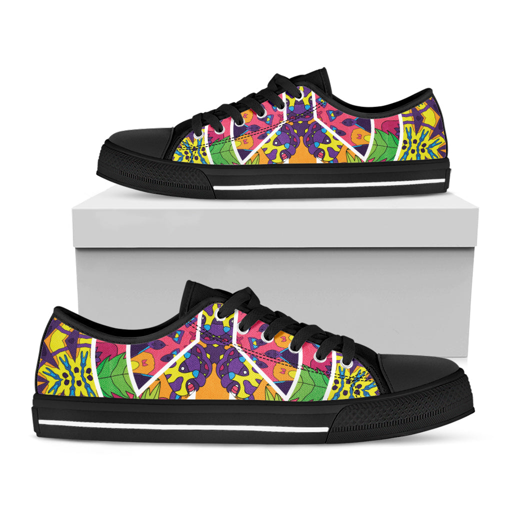 Psychedelic Hippie Peace Sign Print Black Low Top Sneakers