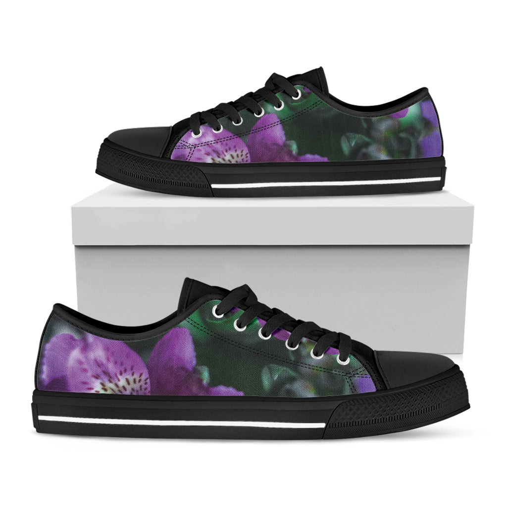Purple Alstroemeria Print Black Low Top Sneakers