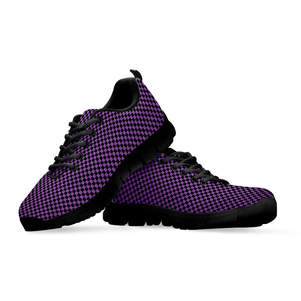 Purple And Black Checkered Pattern Print Black Running Shoes