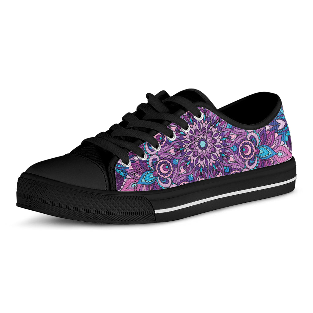Purple And Blue Mandala Print Black Low Top Sneakers