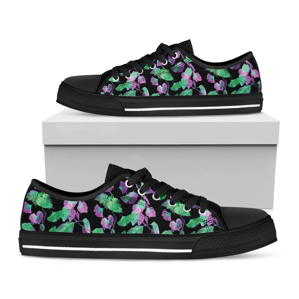 Purple And Green Leaf Pattern Print Black Low Top Sneakers