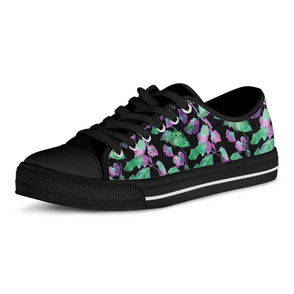 Purple And Green Leaf Pattern Print Black Low Top Sneakers