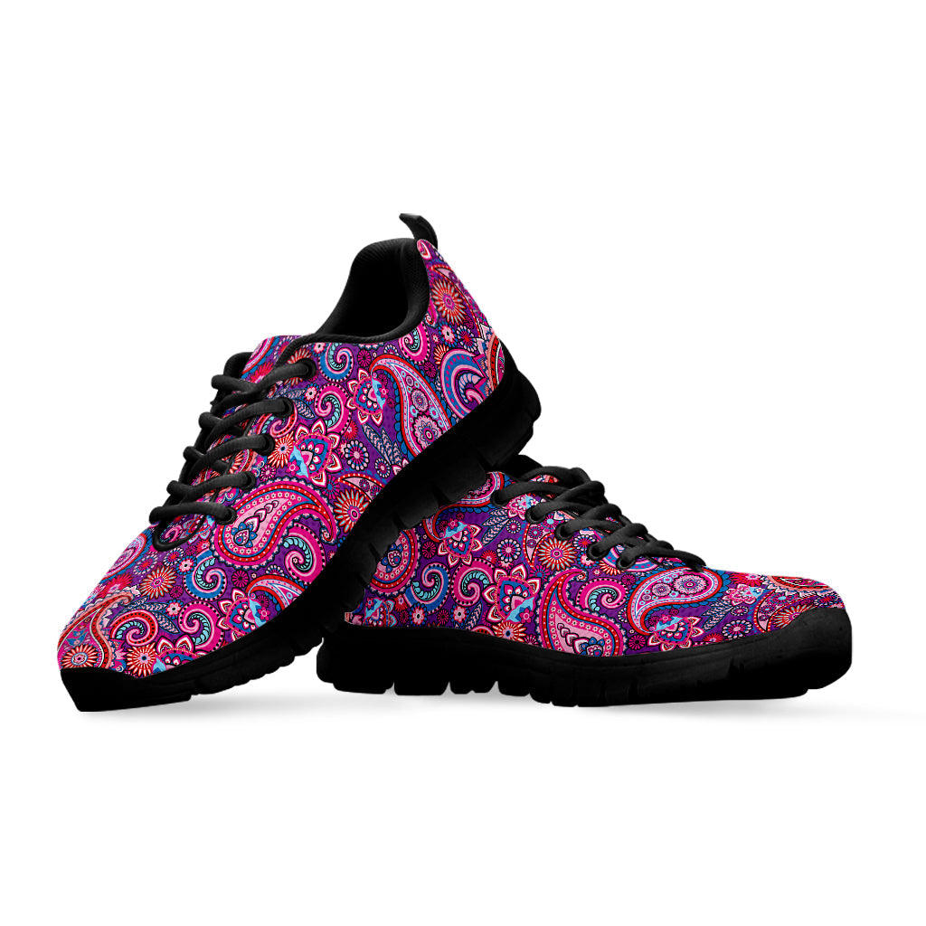 Purple And Pink Paisley Pattern Print Black Running Shoes