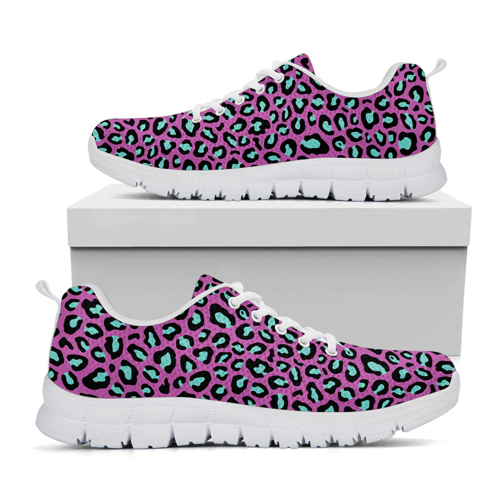 Purple And Teal Leopard Pattern Print White Running Shoes