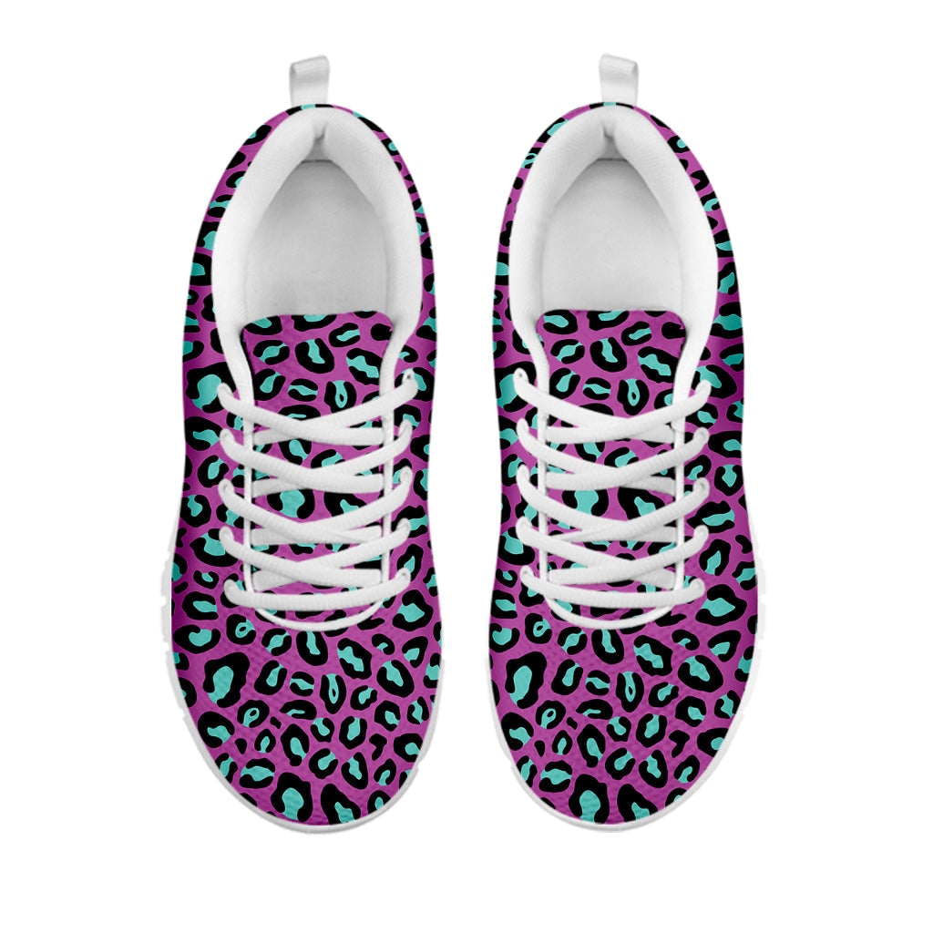 Purple And Teal Leopard Pattern Print White Running Shoes