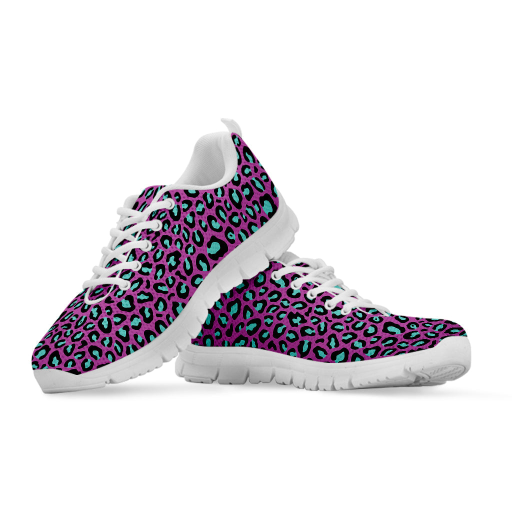 Purple And Teal Leopard Pattern Print White Running Shoes